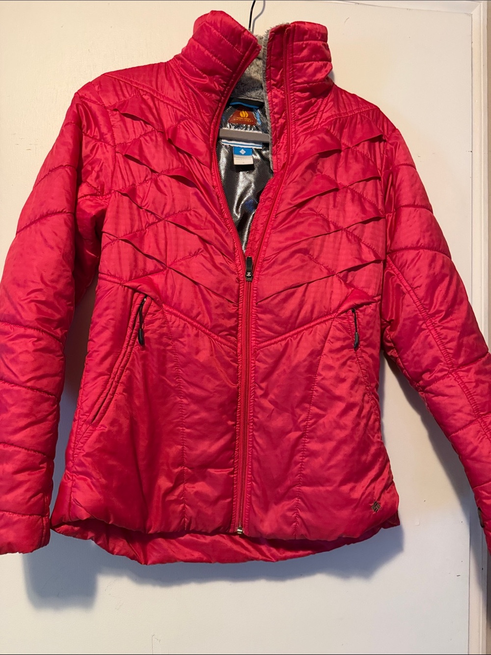 Women's Red Quilted Puffer Jacket with Stand Collar
